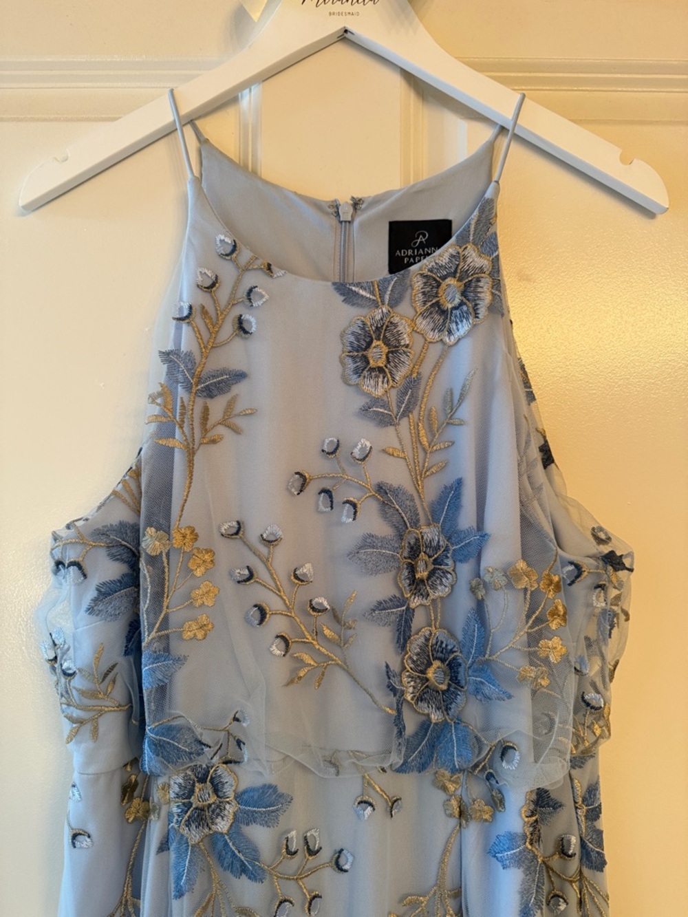 Adrianna Papell Light Blue and Gold Floral Halter Maxi Dress - Size 14 - Picture 8 of 14
